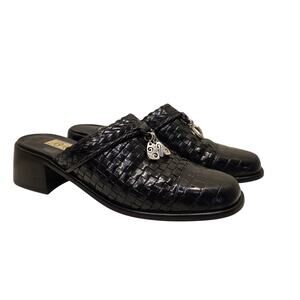 Brighton Woven Leather Mules 6.5M Black Slip-On Loafers Block Heel Heart